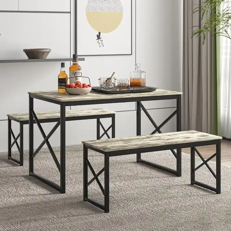 44.3 Dining Table with Benches Kitchen Table set for 4 Rectangular Dining Room Table Set with 2 Metal Wood Benches