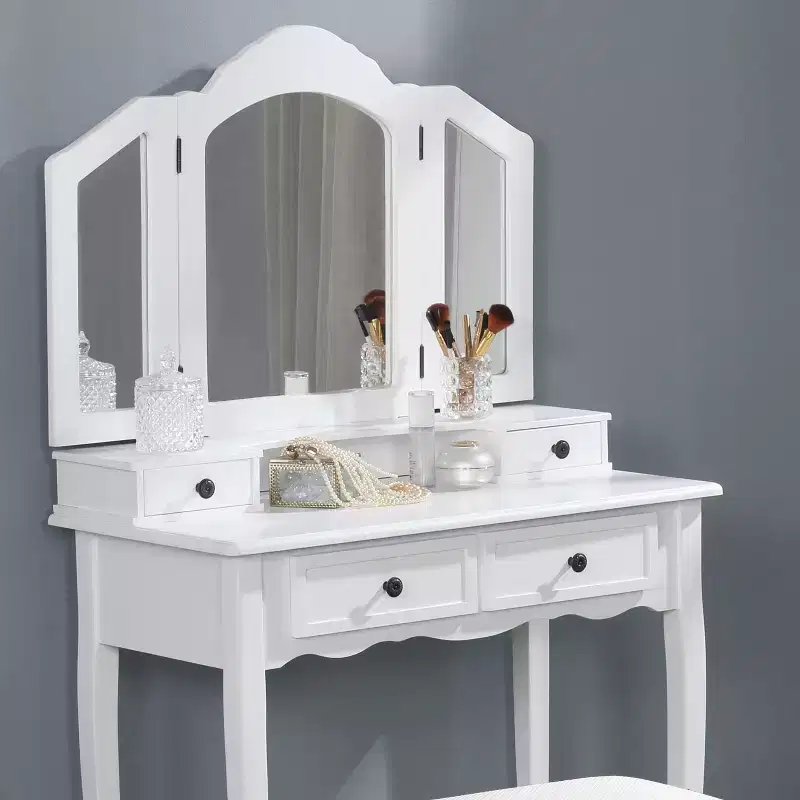 Wooden Makeup Vanity Desk & Stool for Bedroom & Living Room, White
