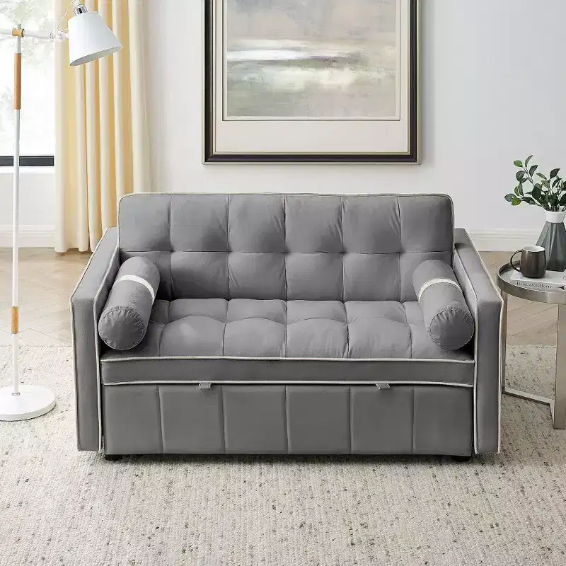 TUYOHW 55.5 Inch Pull Out Sofa Bed,Adjustable Backrest Loveseat with Side Pockets & 2 Pillows,Velvet Convertible Couch for Small Space