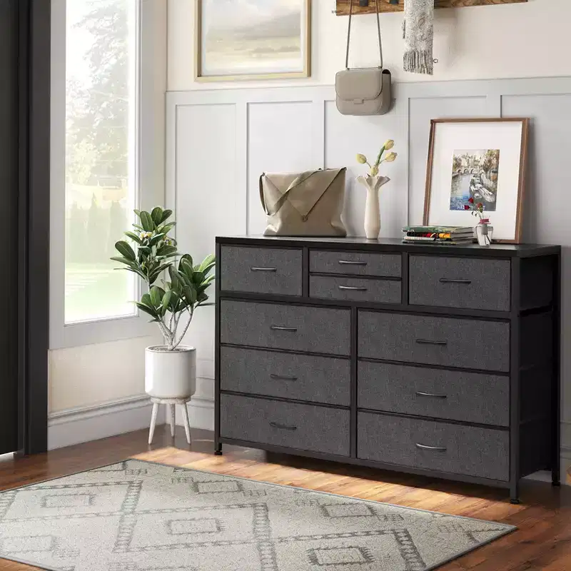 45 Modern 10-Drawer Dresser & TV Stand with Wood Top, Metal Frame and Fabric Drawers for Bedroom, Living Room and Closet Organization