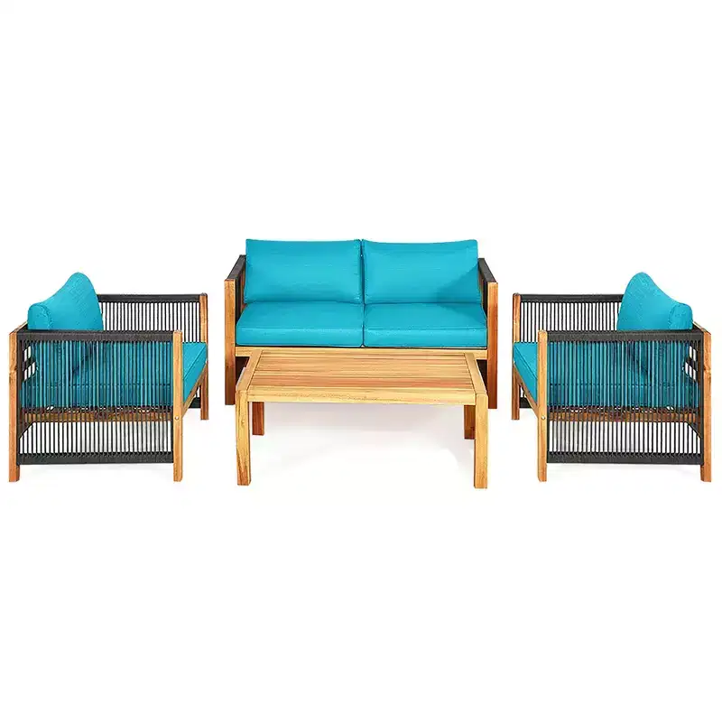 Costway 4PCS Wooden Patio Furniture Set Cushioned Sofa W/Rope Armrest White\Turquoise\Red