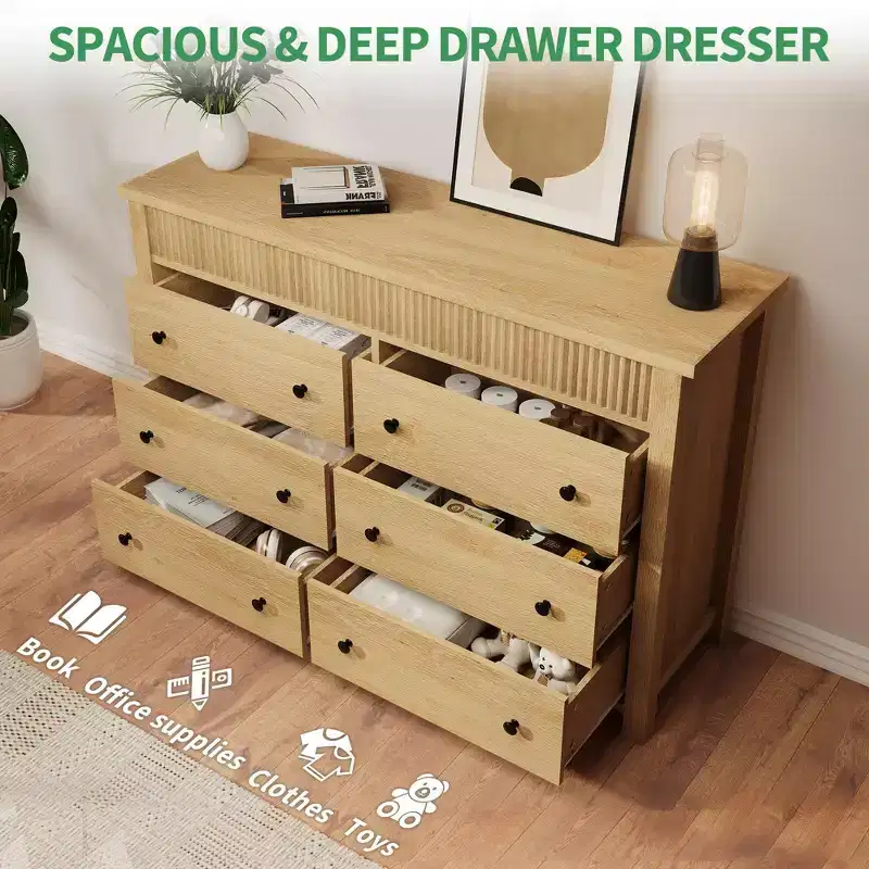 7 Drawer Dresser for Bedroom, Wooden Chest of Drawers, Fluted TV Stand, Storage Organizer for Living Room, Hallway and Entryway, Walnut