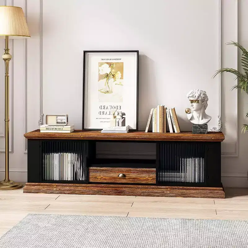 Modern TV Stand, Fir Wood & Iron Media Console, Large Drawer Storage, Open Shelf, Fits Up to 55 TV, 62.99 x 15.75 x 18.70