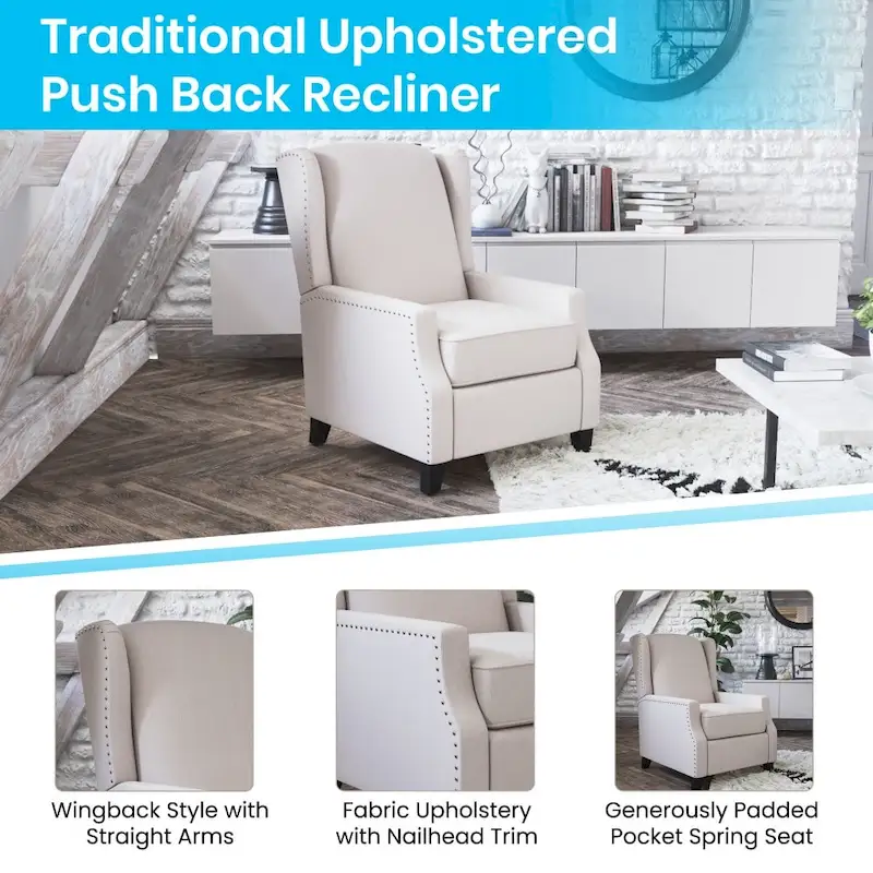 Push Back Wing Back Pocket Spring Recliner with Side Accent Nail Trim