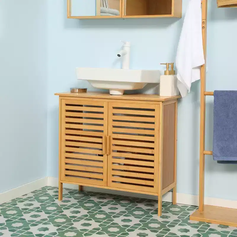 kleankin Bamboo Under Sink Cabinet with 2 Slatted Doors, Freestanding Bathroom Sink Cabinet Space Saver Bathroom Organizer, Natural