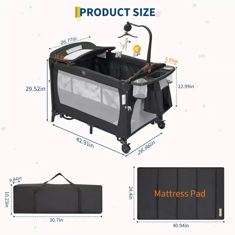 3-in-1 Foldable Baby Playpen with Bassinet & Changing Table, Portable Pack and Play Travel Mesh Playard with Toys & Wheels for Newborn Toddler