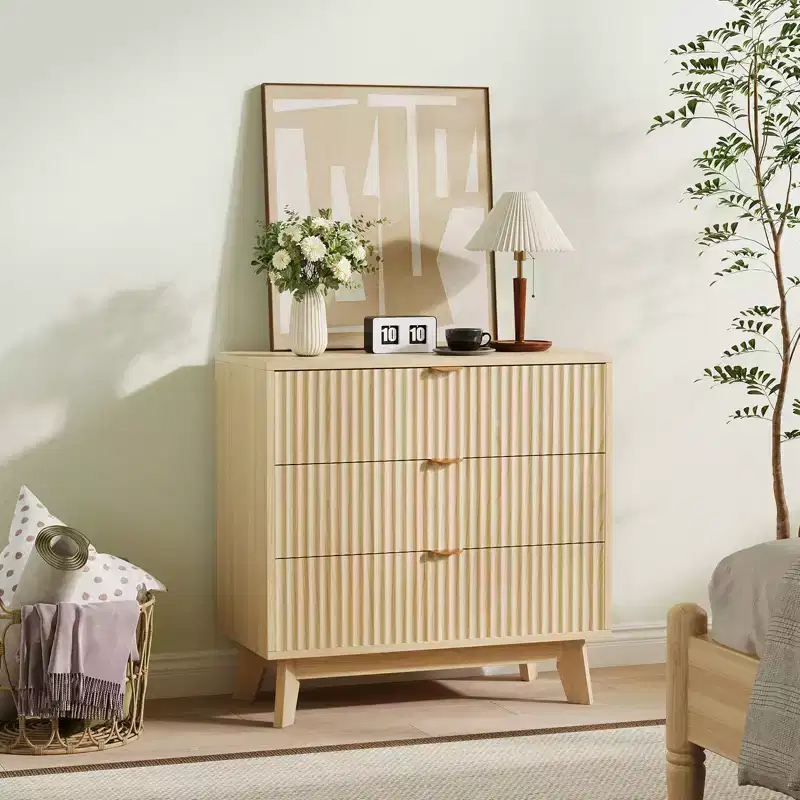 3-Drawer Fluted Dresser - Modern Wood Storage Chest for Bedroom, Living Room & Closet Organization