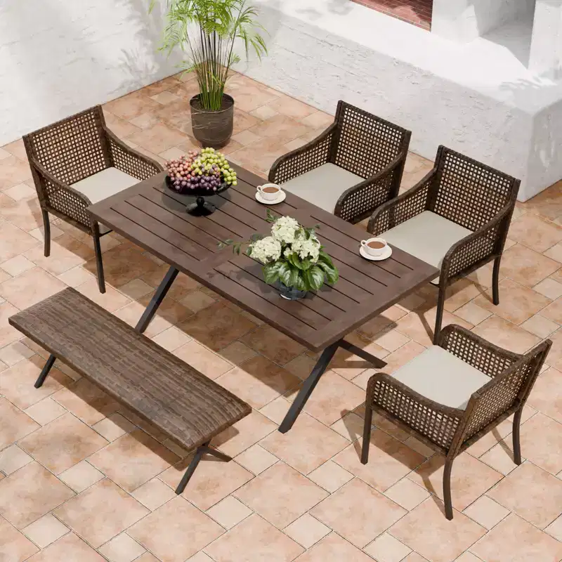 EAGLE PEAK Sienna Bay 6PCS Patio Wicker Dining Set w/ Soft Cushions Umbrella Hole
