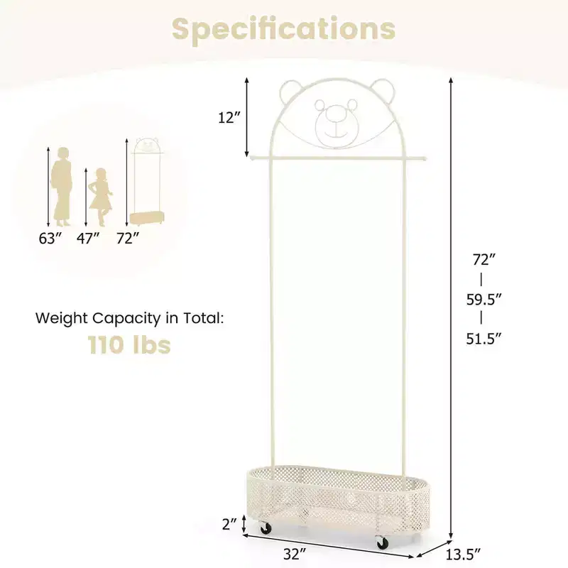 Kid Clothes Rack with 3 Adjustable Heights Home Freestanding Clothes Rack White/Pink