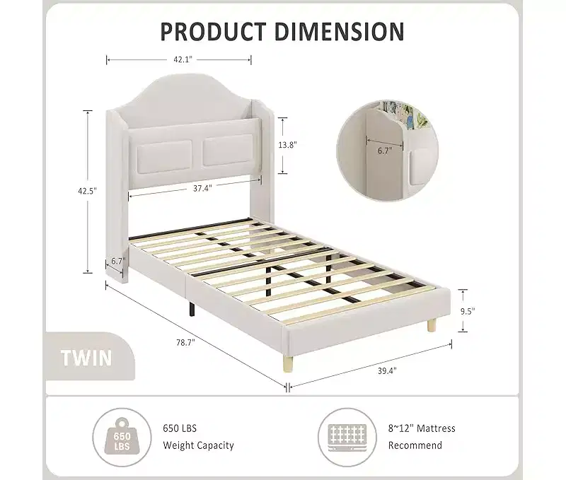 Twin Size Bed Frame with Storage Headboard Wingback Upholstered Headboard and Footboard, Metal Slat Noise Free, Easy Assembly