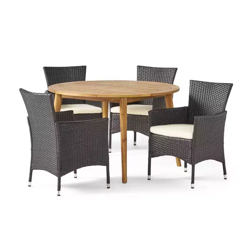 Christopher Knight Home Biella Outdoor Acacia Wood and Wicker 5 Piece Dining Set with Cushion