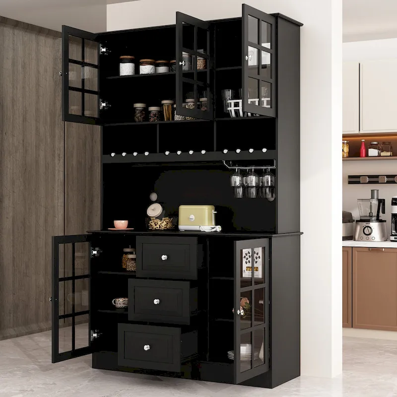 78.9Pantry Buffet White Buffet with Wine Glass Rack Drawer and Hutch