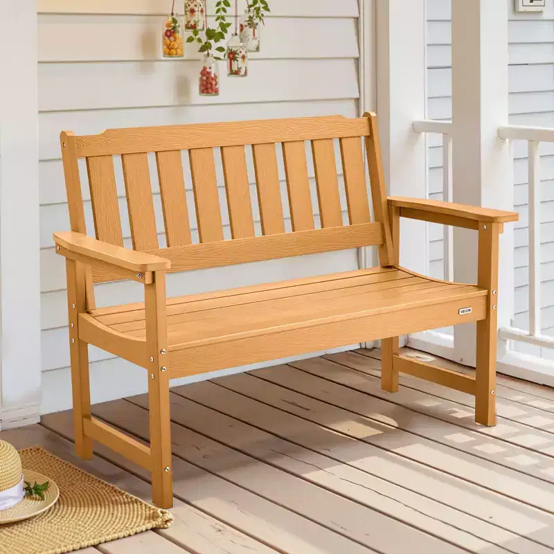 VEVOR Outdoor Bench, 50.5 inch, 800 lbs Weight Capacity for 2-3 Persons,Weatherproof Plastic Frame with Backrest and Wide Armrests, Natural Wood Color