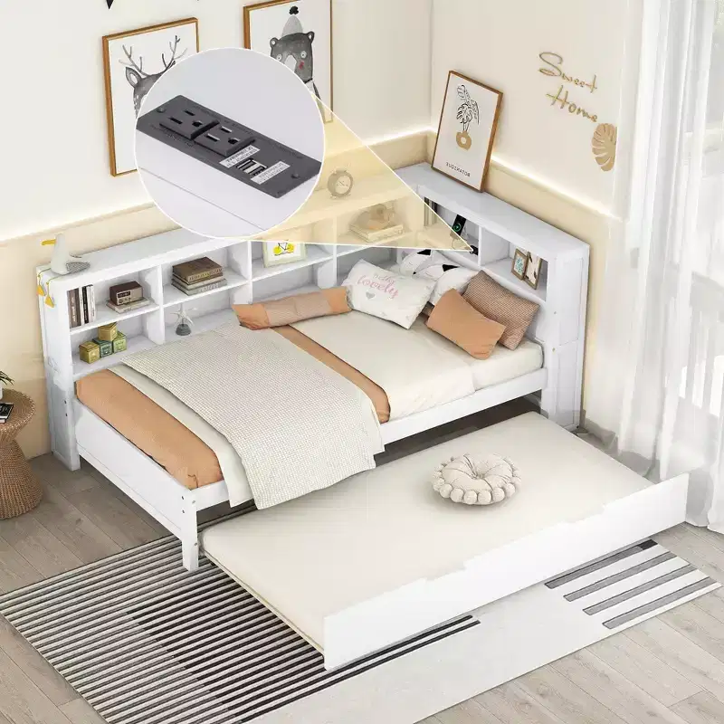 Bellemave Twin Size Wooden Daybed with Trundle, Bookcase Storage & USB Charging Station, White