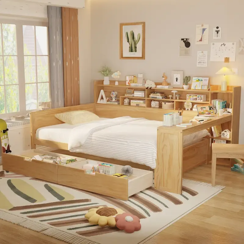 Multifunctional Daybed with Storage Shelves, Two Drawers and Built-in Study Desk