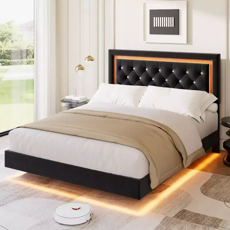 Floating Bed Frame with Diamond Headboard, Upholstered Platform Bed, Wood Slats Support, No Box Spring Needed, Easy Assembly