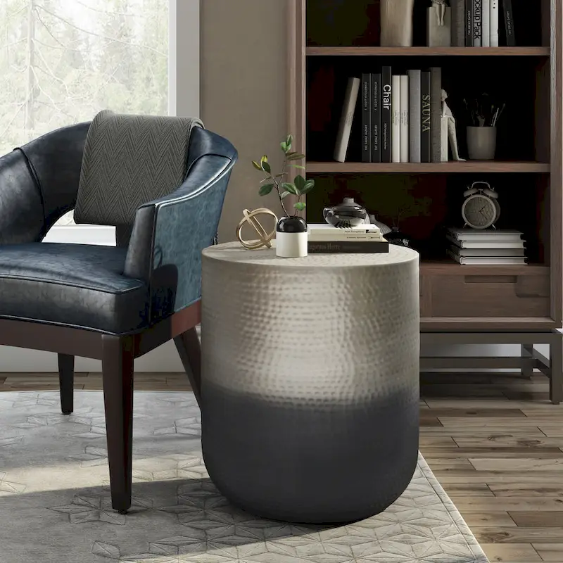 Boho Drum-Shape Textured Metal Side Table – Silver Ombre / Gold Ombre / Copper Ombre, 1-Unit