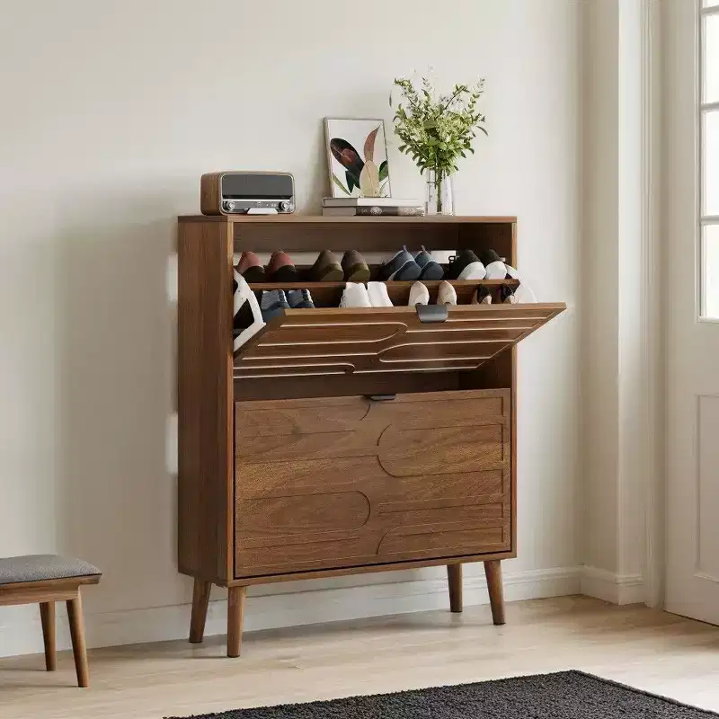 Walnut Shoe Storage Cabinet, Farmhouse Modern Flip-Drawer Shoe Rack with Adjustable Shelves & Anti-Tip Device, 31.5''/23.62''