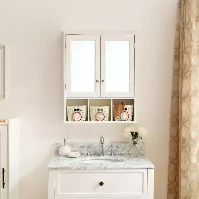 Modern Wooden Bathroom Storage Cabinet with Mirror, 2 Doors and 3 Plastic Baskets