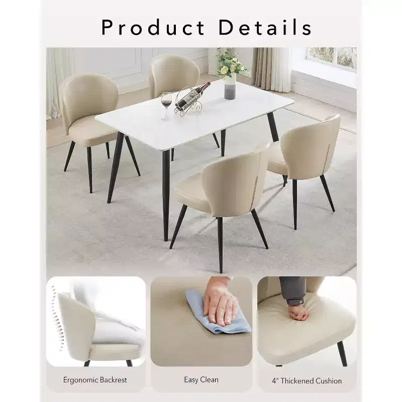 Dining Chairs Set of 2, Mid-Century Modern Kitchen Dining Room Chairs with Padded Back and Seat, Armless Faux Leather Upholstered Beige
