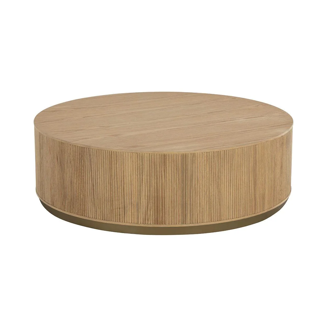 Rustic Oak Veneer Coffee Table with Vertical Reeding & Gold Steel Base for Living Room