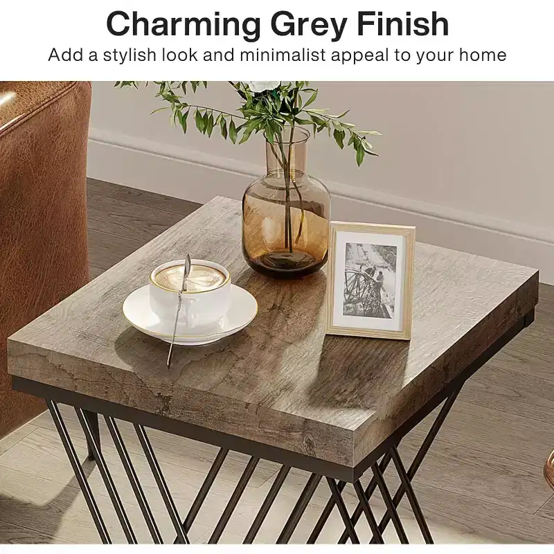 2-Tier Square End Table / Side Table – Marble Veneer, Cross-Bar Design