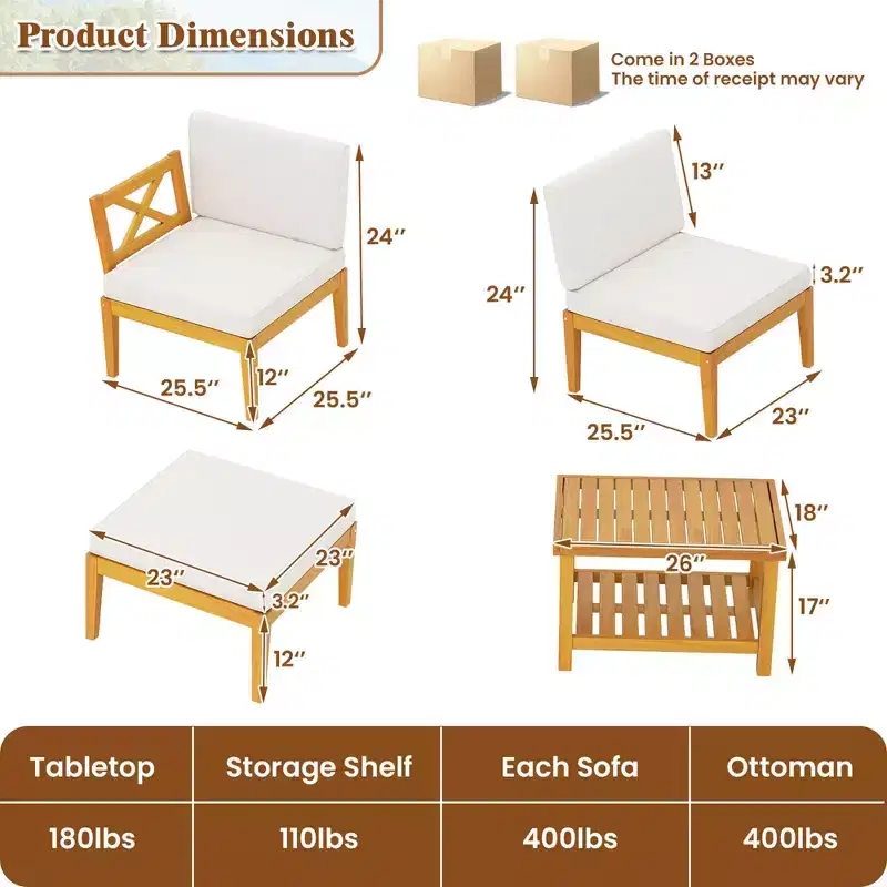 Costway 5 PCS Acacia Wood Patio Furniture Set with 2-Tier Coffee Table and Cushions