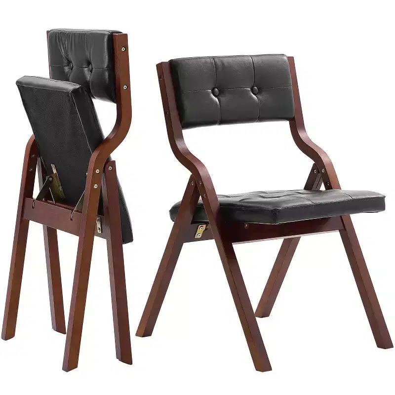VEVOR Wooden Folding Chairs with Leather Cushion, Set of 2, Portable Foldable Cushion Chair with Wooden Frame, Easy Assembly, Black