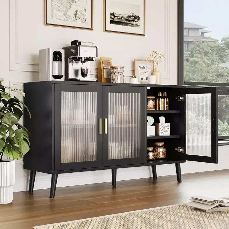 Glass Storage Cabinet, Kitchen Sideboard, Entryway Cabinet, TV Cabinet with Adjustable Shelves and Metal Handles for Living Room and Entryway, Black