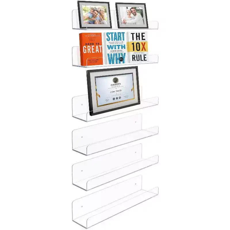Sorbus 6 Pack Clear Wall Ledge Floating Shelf Rack Organizer - Perfect for Displaying books, decor, kitchen organization and more