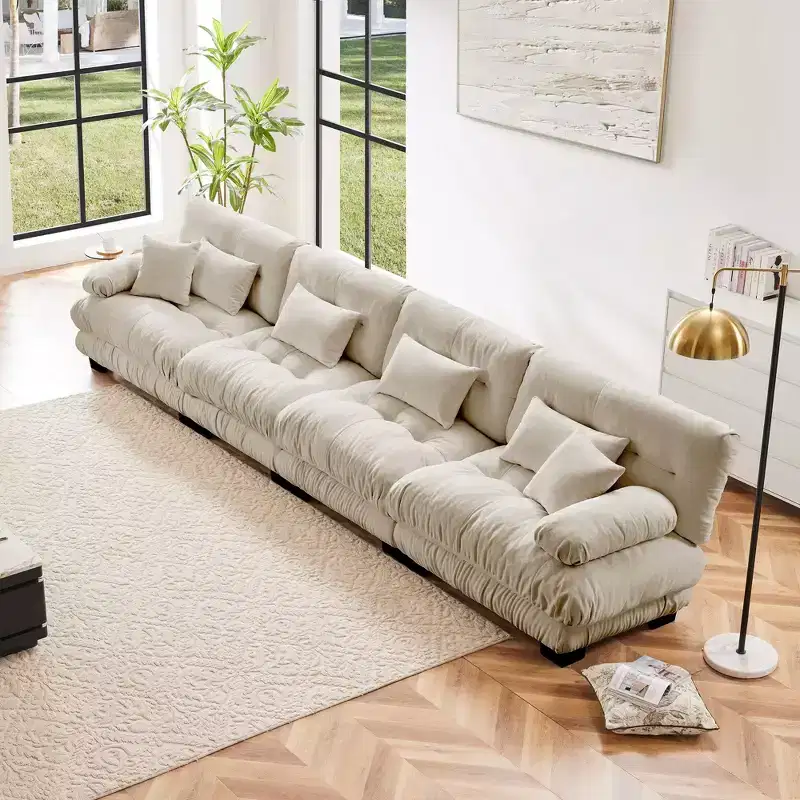 4 Seater Modular Deep Seat Chenille Sofa Couch Comfy Upholstered Sofa for Living Room Chenille Light coffee