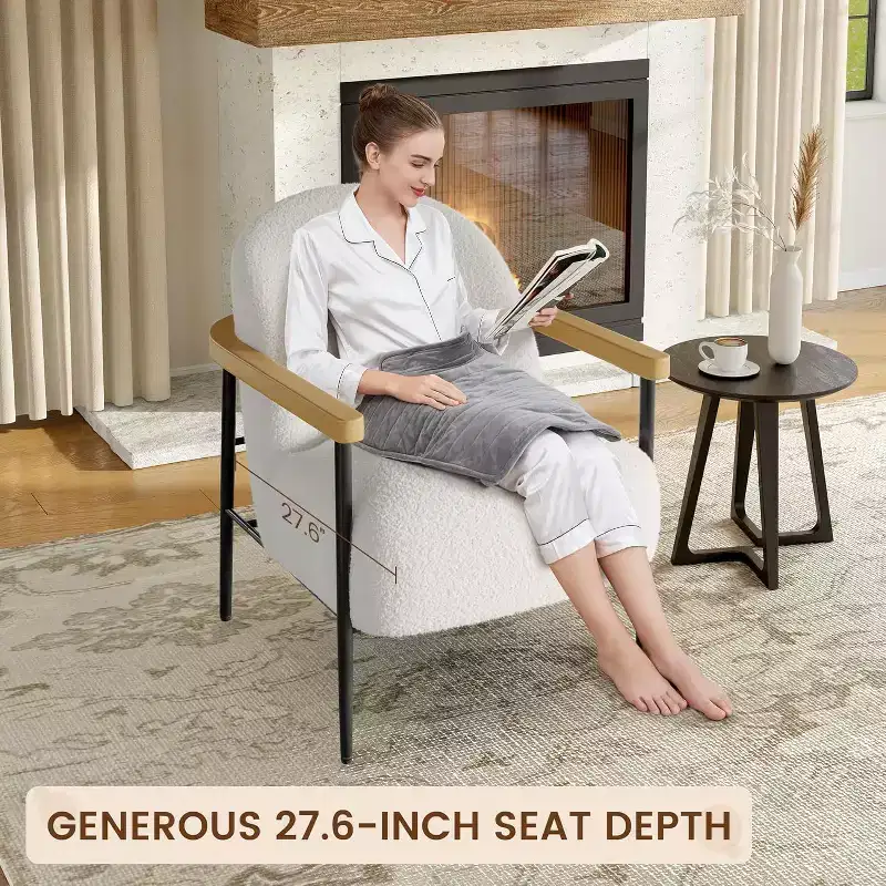 White & Black Faux Lambswool Accent Chair with Wooden Arms - Cozy Modern Lounge Chair for Living Room