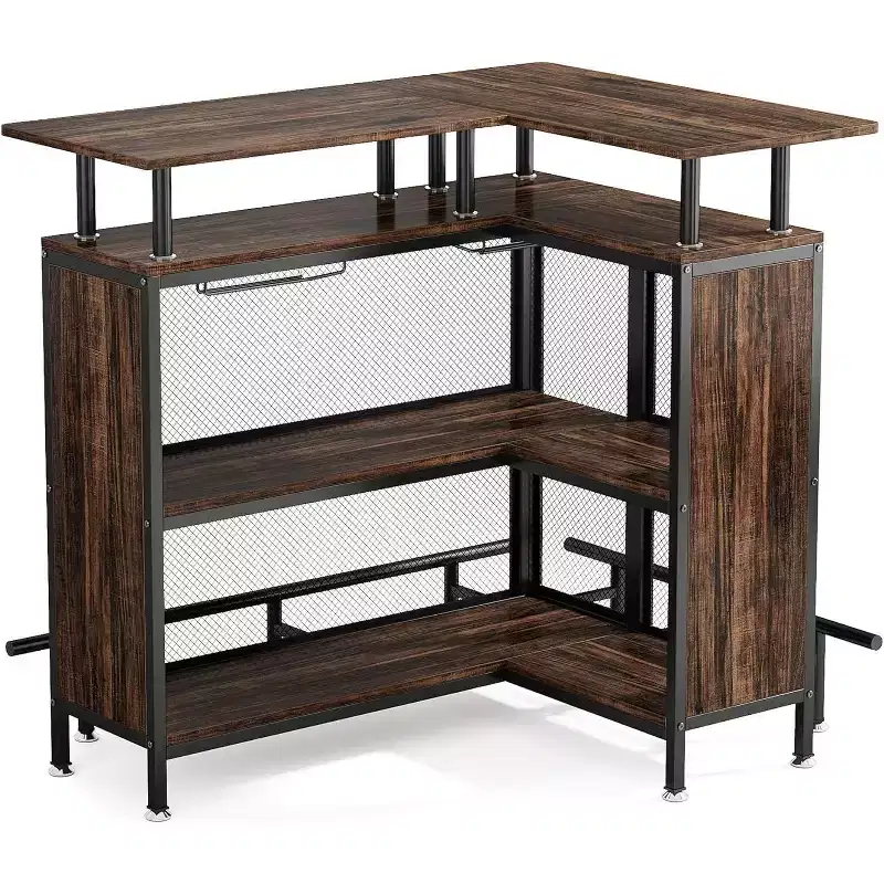 2-Tier L-Shaped Home Bar Unit – Stemware Racks, Open Shelves, Metal Mesh