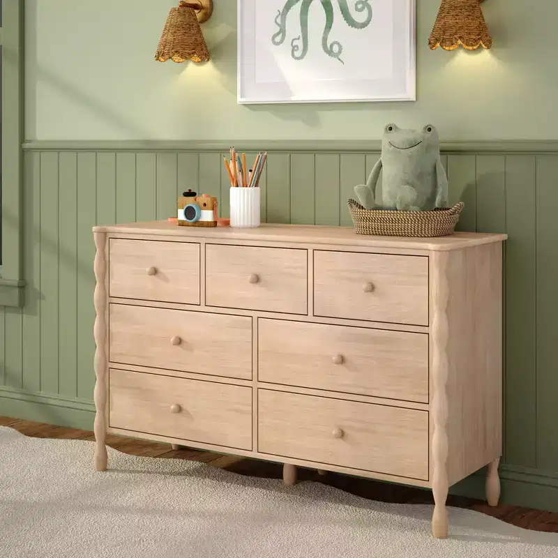 Kids' 7-Drawer Solid Pine Wood Dresser with Spindle Legs and Round Knobs – 52