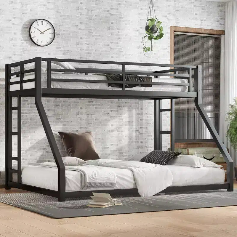 Twin XL over Queen Bunk Bed with Ladder and Safety Guardrail – Black