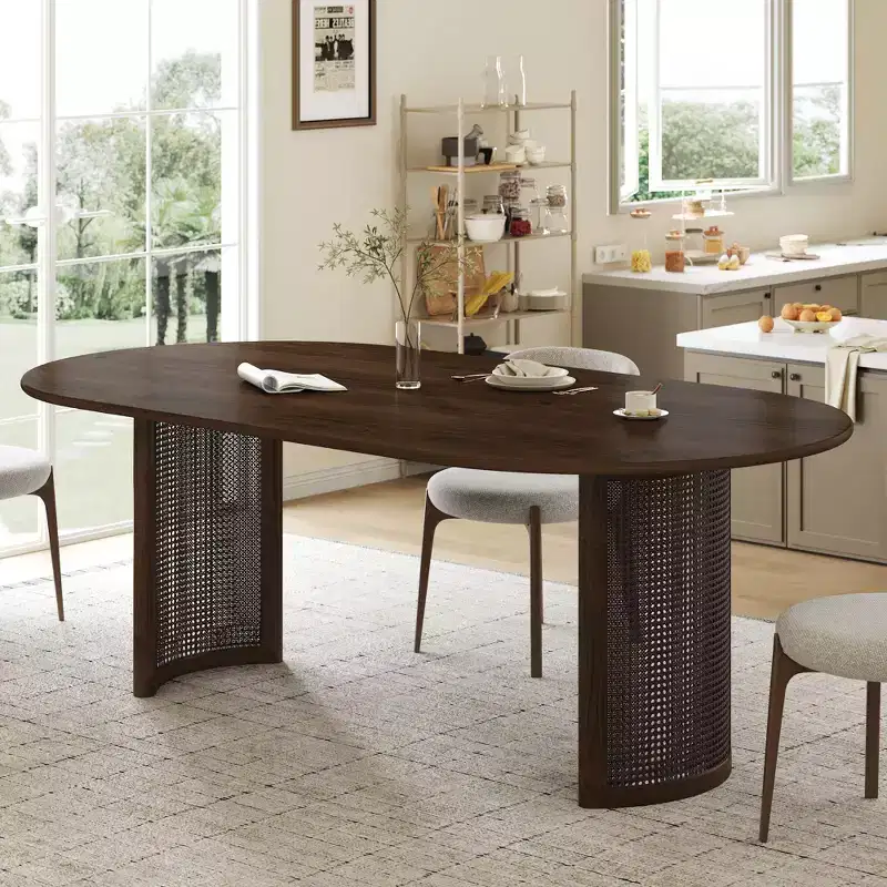 PexFix 79 Oval Dining Table for 6-8 with Arc-Shaped Edge Top and Rattan Woven Base Modern Farmhouse Kitchen Table for Living Room Dining Room Black