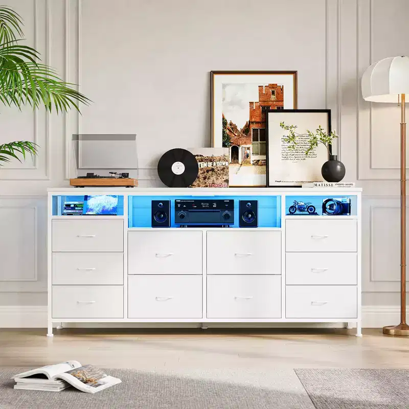 63 Inch Fabric Tv Stand With 10 Drawers Led With Power Socket Suitable For Living Room Bedroom 65-75 Inch Tv Storage Box