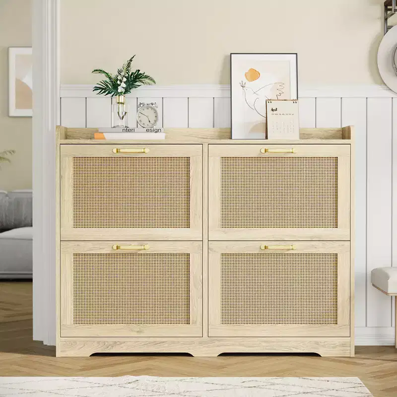 Rattan Shoe Storage Cabinet with 4 Flip Drawers, Wide Freestanding Wood Shoe Organizer Cabinet