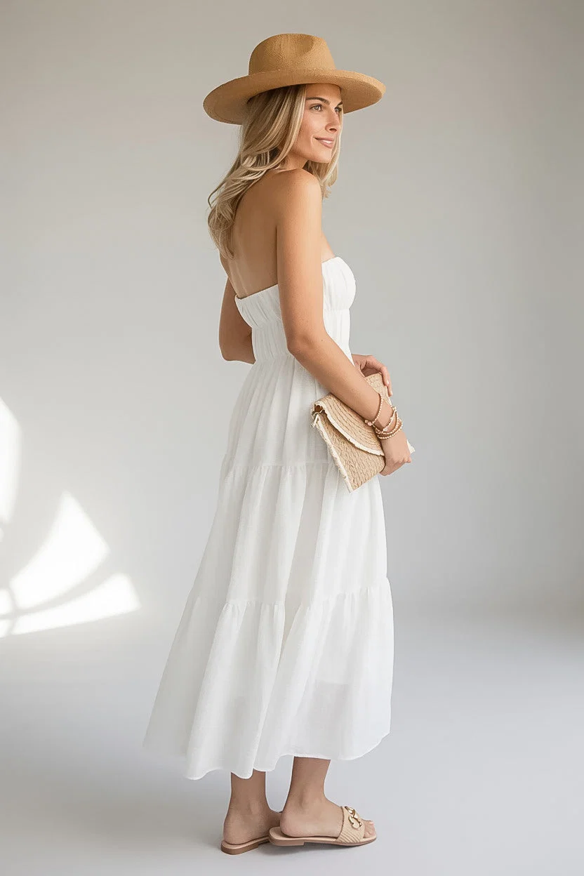 White Strapless Tiered Maxi Dress