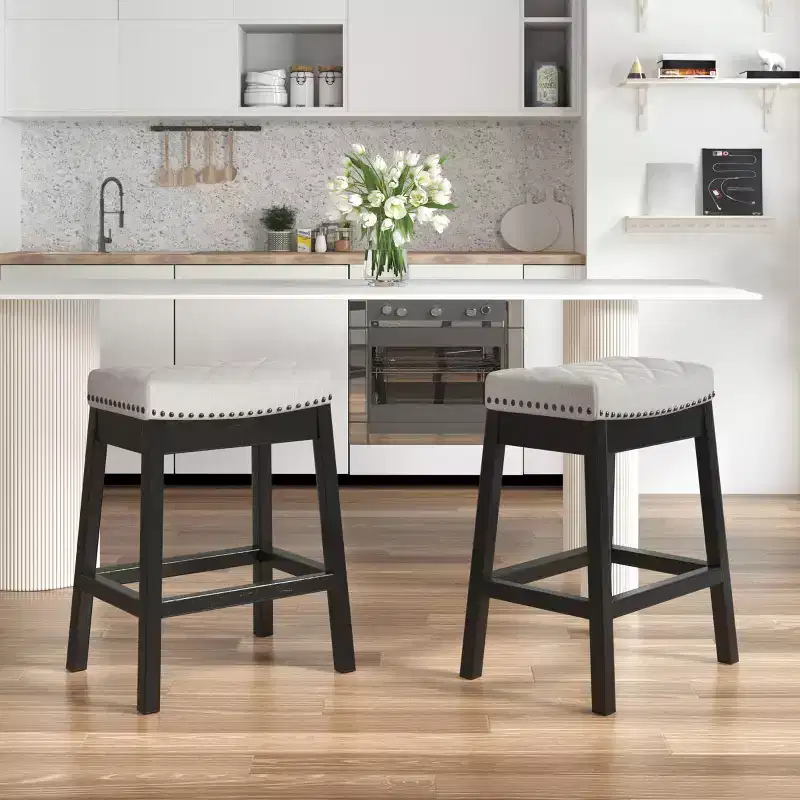 Counter Stool With Solid Wood Frame, Backless Bar Stool With Upholstered Seat (set Of 2)