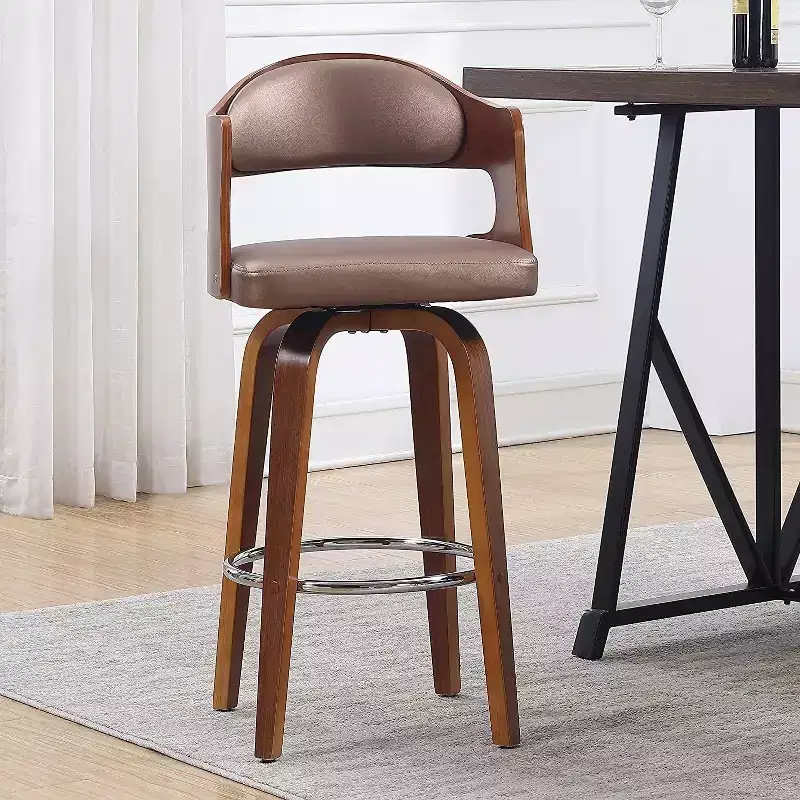 Mid-Century Swivel Counter Stool with Faux Leather & Wood Frame, Copper Accent Bar Chair