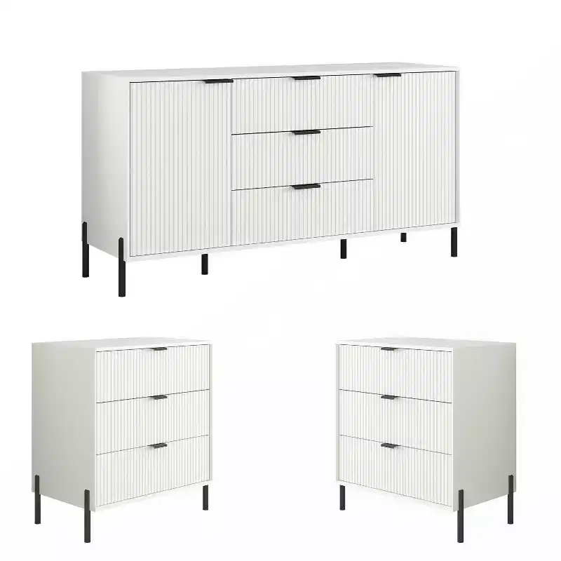 Festivo 3pc Modern Elegance 3 Drawer Nightstands and 3 Drawer Dresser Set Off-White