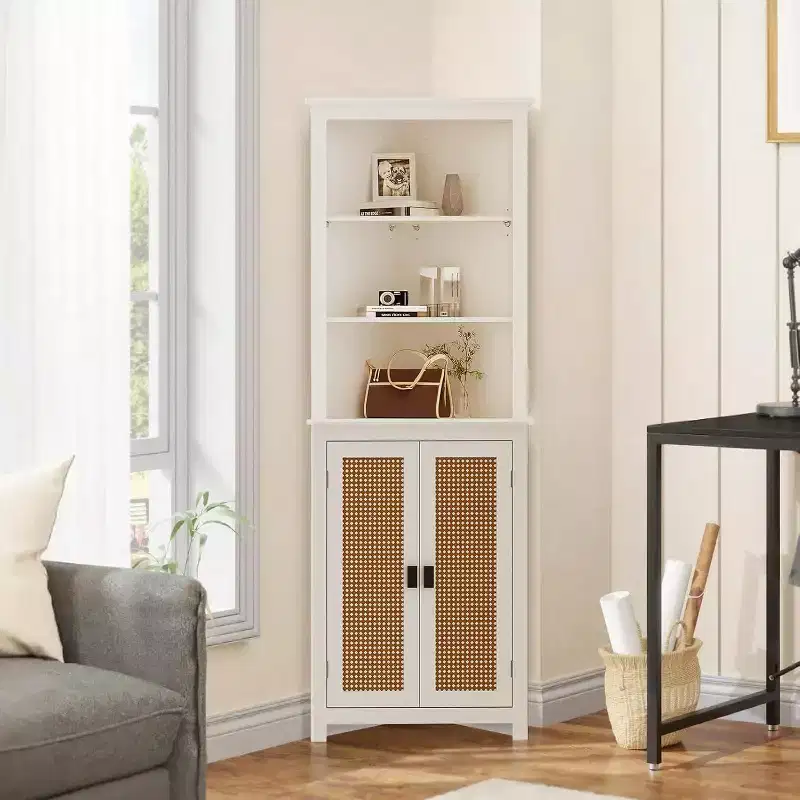 Rattan Corner Wine Cabinet with Adjustable Shelves - Farmhouse Freestanding Storage for Kitchen, Living Room