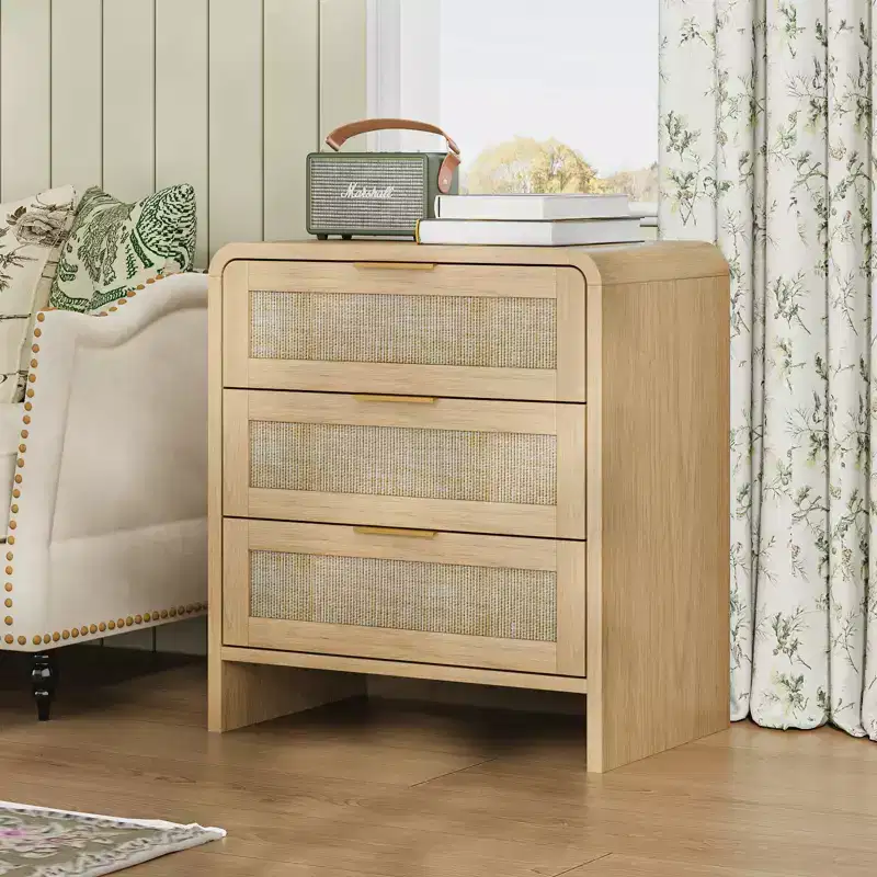 Rattan 3 Boho Rattan 3 Drawer Nightstand for Bedroom Living Room
