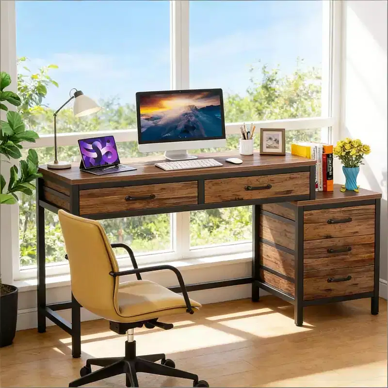 Modern Office Desk with Drawer Cabinet,Compact 2-Drawer Computer Desk and 3-Drawer File Cabinet,Writing Table for Home Office,Study