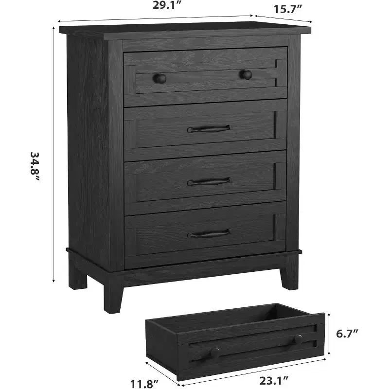 Bedroom Nightstand with 4 Drawer, 34.8in Vertical Dresser with Large Storage, Freestanding Wooden Closet Chest for Living Room Dining Room