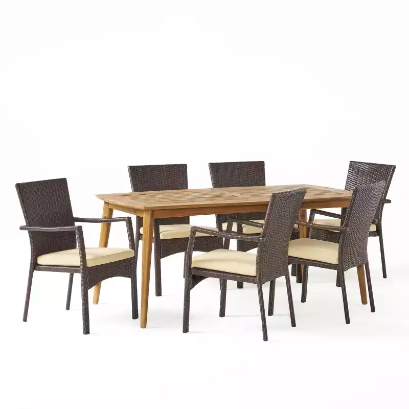 Christopher Knight Home Talbot Outdoor Acacia Wood and Wicker 7 Piece Dining Set with Cushion