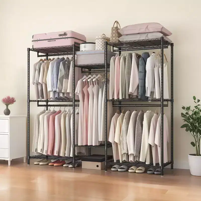 Heavy Duty Freestanding Coat Rack with 8 Adjustable Wire Shelving, Hall Tree with 5 Clothes Rails, Storage Rack for Bedroom, Black