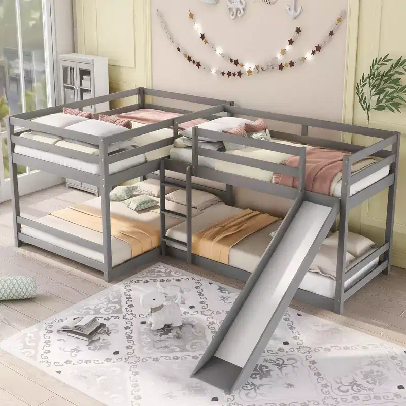 L Shaped Bunk Bed for 4 Kids, Quad Bunk Bed with Slide Full and Twin Wood Bunk Frame for Bedroom Dorm