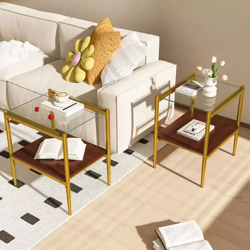 Set of 2 Rectangle End Table, Tempered Glass Tabletop with MDF layer,Transparent Glass